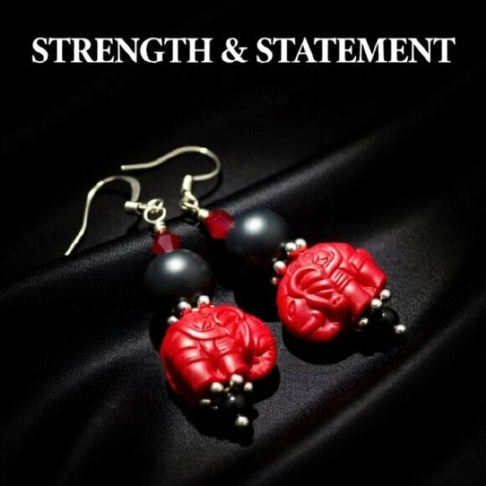 Super Cute! Large & Chunky! Black + Red Elephant Dangle Earrings! Tuskers!!! - Picture 6 of 10